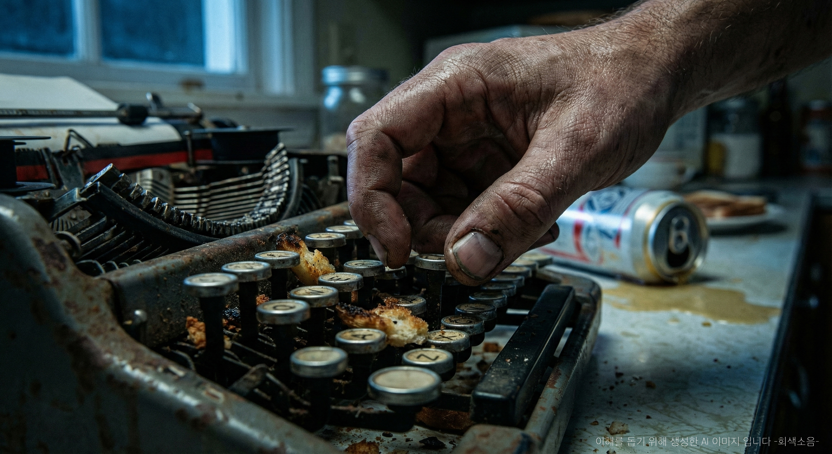 야생의 타자기 : 어지러운 주방에서 낡은 타자기 자판을 거칠게 내리치는 손과 키 사이에 낀 탄 토스트 부스러기가 달빛에 드러나는 거친 매크로 장면.