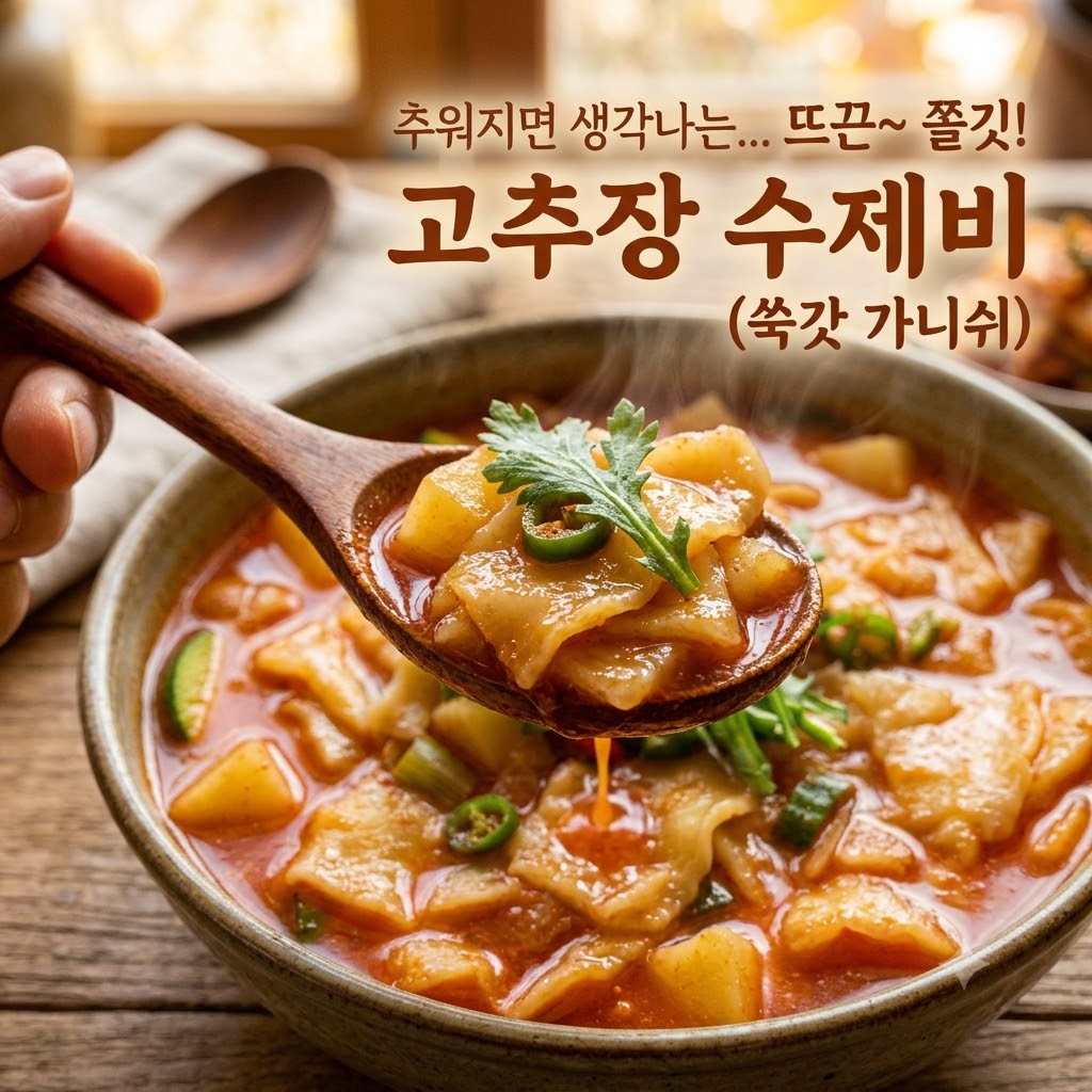 추운 날씨에 즐기는 얼큰한 고추장 수제비 썸네일 이미지. 나무 숟가락으로 쑥갓 고명이 올려진 쫄깃한 수제비와 감자를 듬뿍 떠 올린 모습과 칼칼하고 진한 국물.