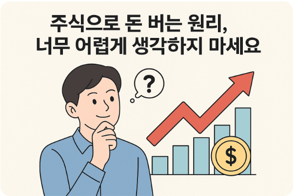 초보 투자자가 주식 수익 구조를 공부하는 일러스트 이미지