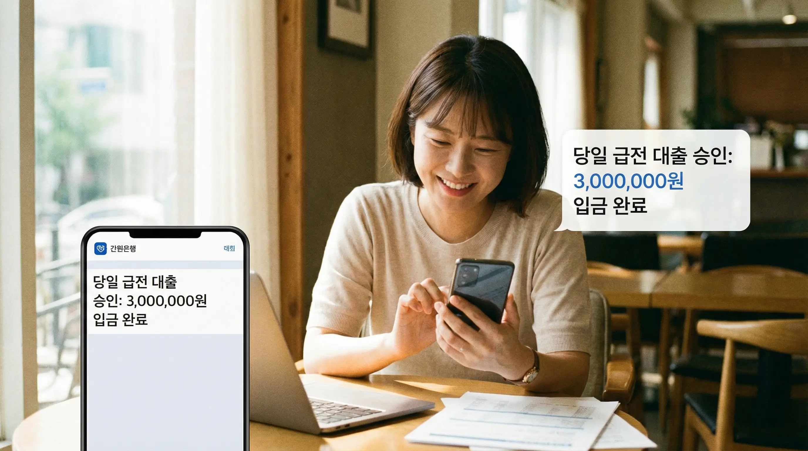 스마트폰으로 안전하게 당일 급전 대출을 신청하고 즉시 입금 받아 문제를 해결하는 모습