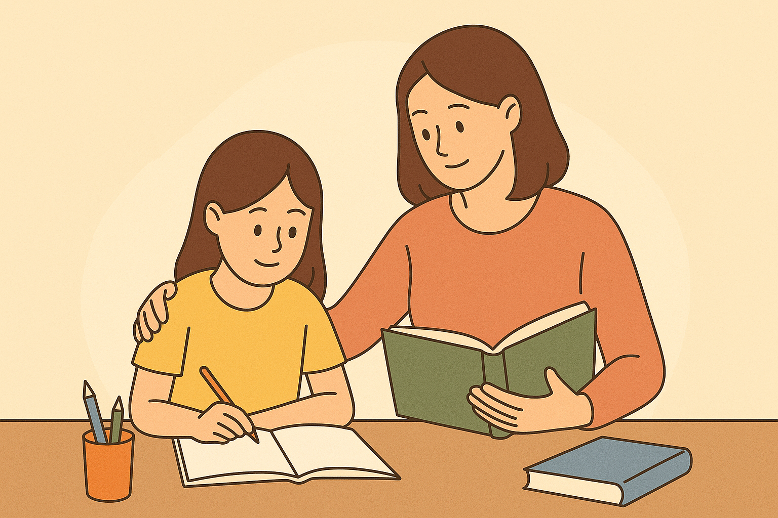 책상에서 함께 공부하는 엄마와 딸의 따뜻한 학습 장면