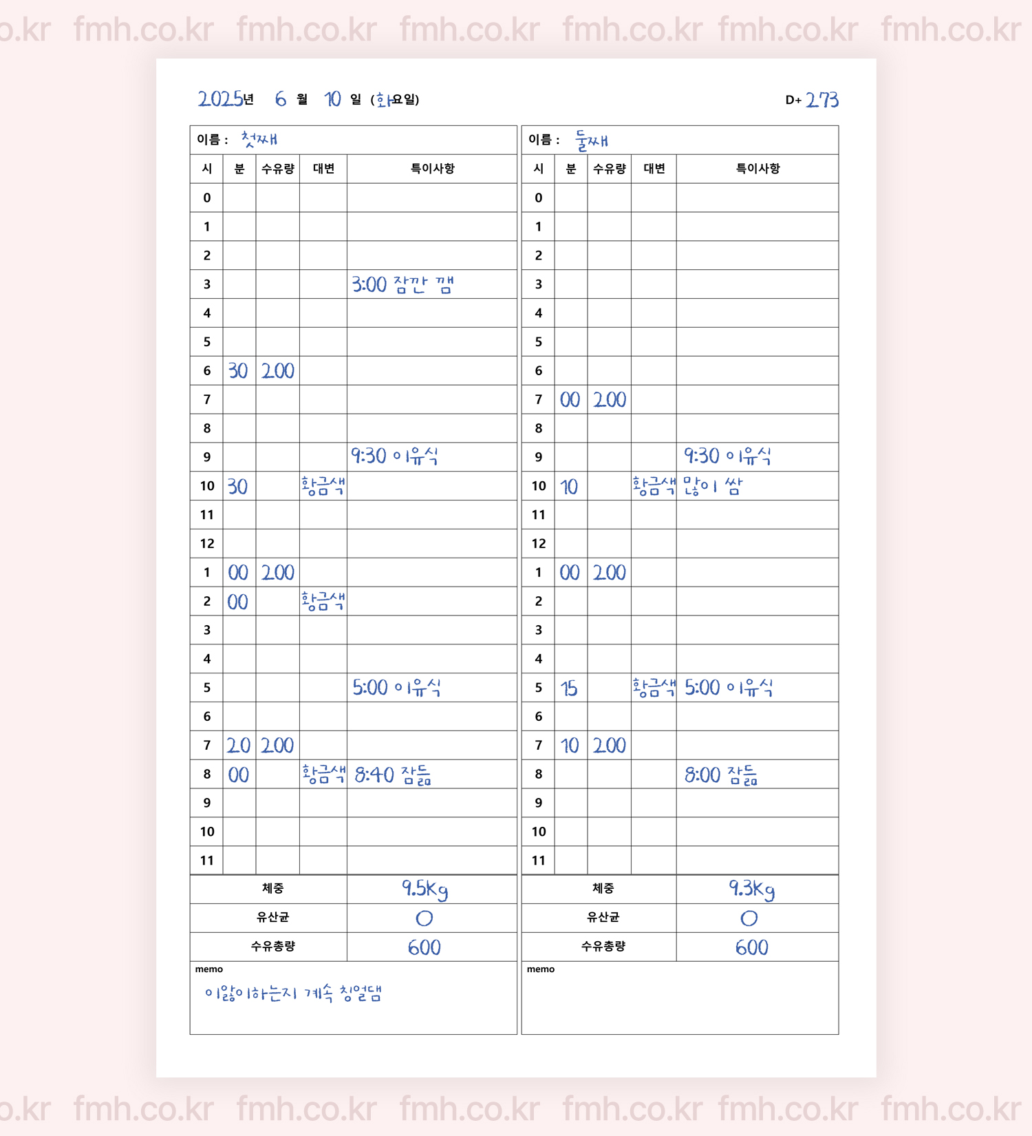 쌍둥이 수유일지 양육표 파일 공유