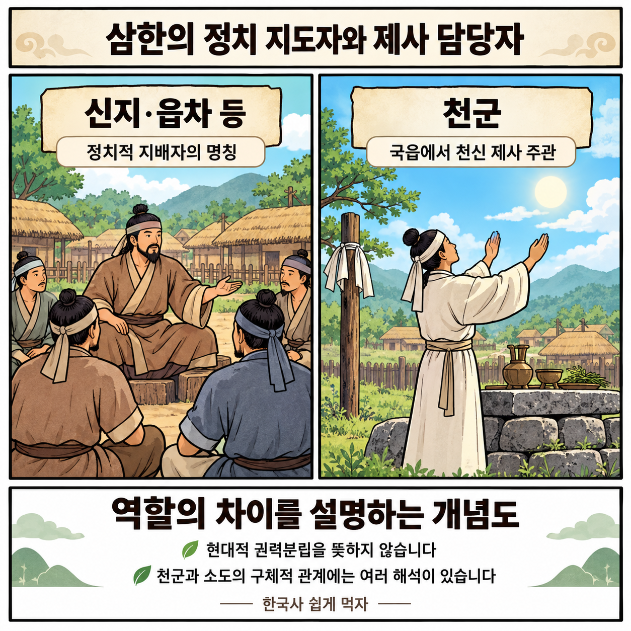 삼한의 정치 지도자 신지·읍차와 제사 담당자 천군의 역할을 비교한 개념도
