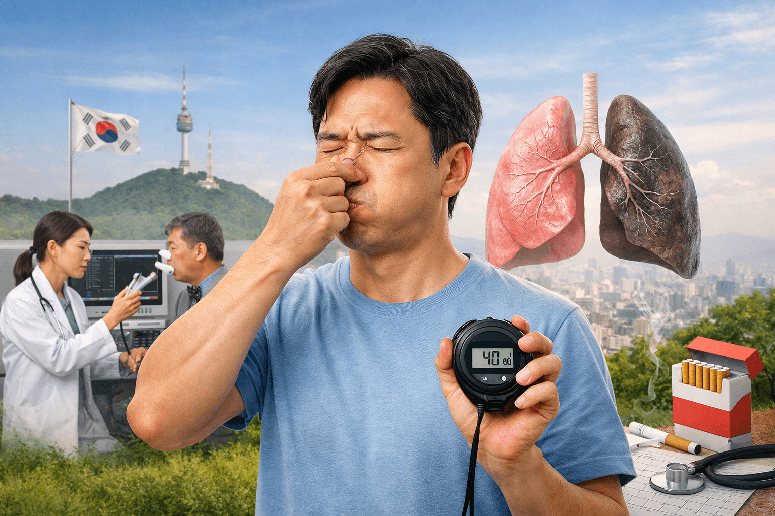 한국 배경에서 중년 남성이 숨참기 테스트를 하는 모습과 함께 병원에서 폐기능 검사(스파이로메트리)를 진행하는 장면, 정상 폐와 손상된 폐 비교 이미지가 함께 표현된 폐 건강 개념 이미지