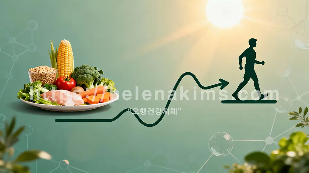 안정적인 혈당 곡선을 중심으로, 왼쪽에는 신선한 통곡물, 채소, 단백질이 조화롭게 놓인 건강한 식탁 아이콘, 오른쪽에는 활기차게 걷거나 운동하는 사람 실루엣 아이콘이 배치되어 있는 이미지.