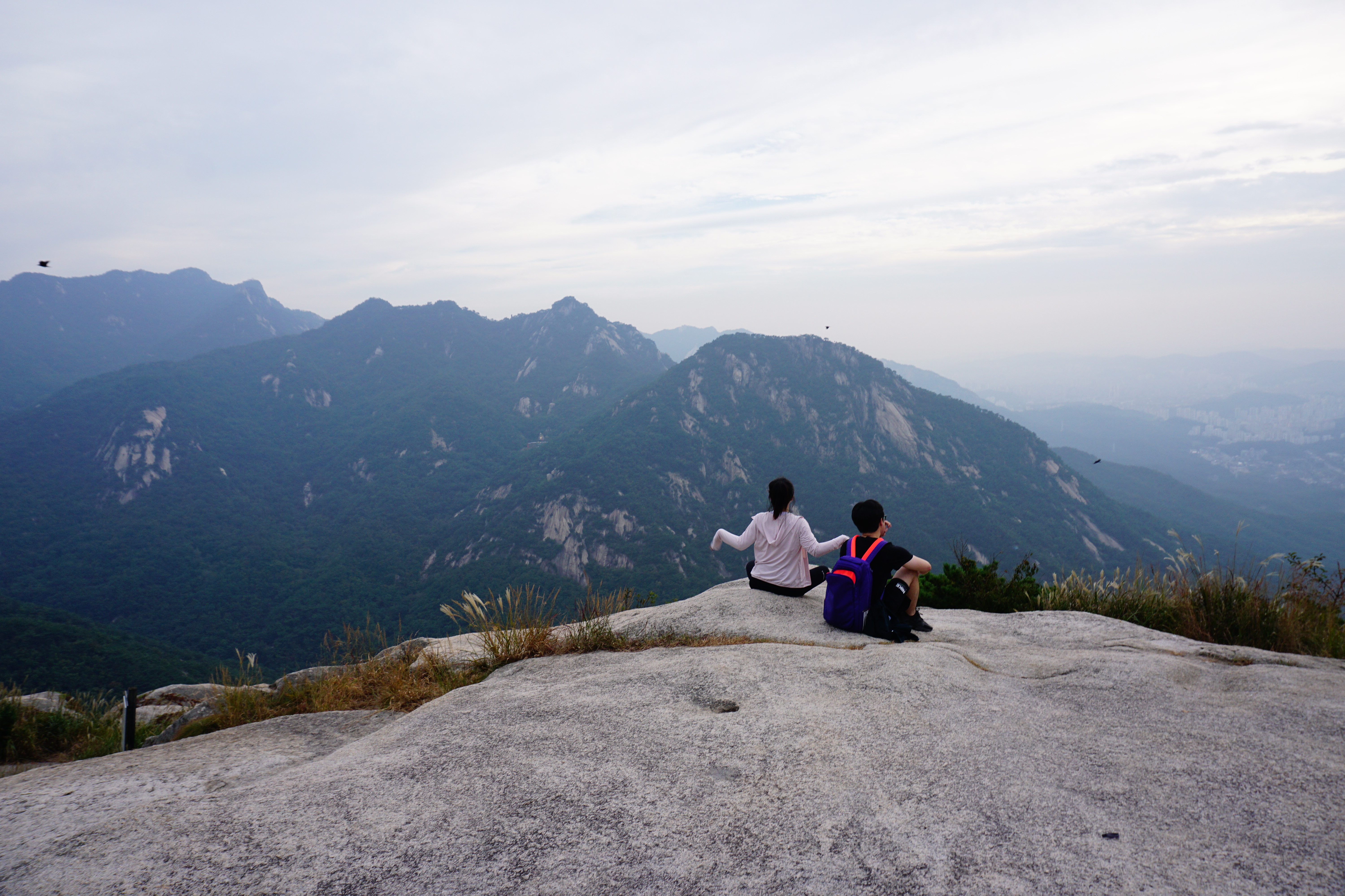 정상에 앉은 커플 뒷모습