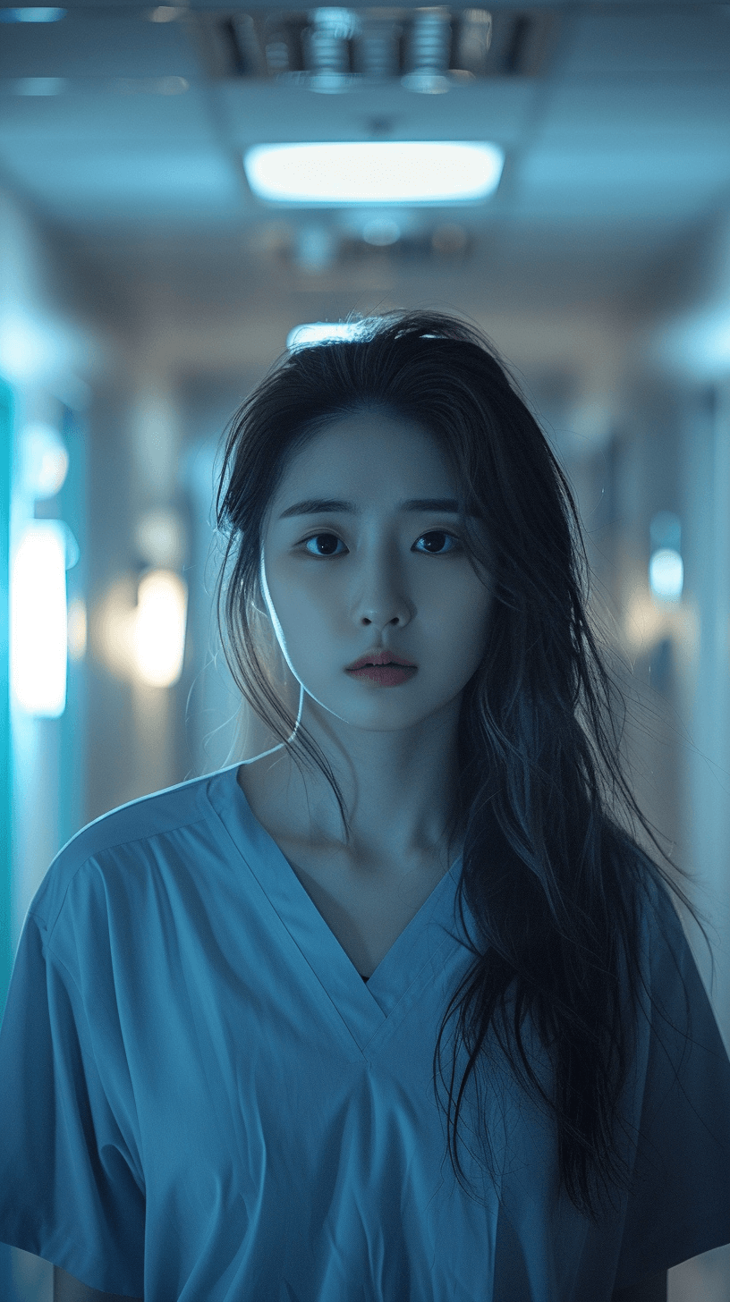 복도에-서-있는-수술-가운을-입은-무표정의-여자