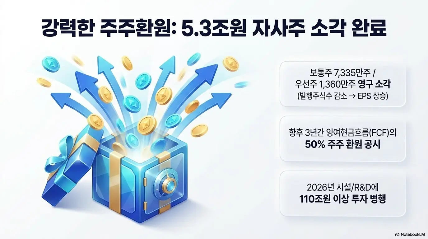 삼성전자 주가 전망: 삼성전자가 보통주 7&amp;#44;335만주와 우선주 1&amp;#44;360만주를 영구 소각해 발행주식 수를 줄이고 EPS를 끌어올린 5.3조원 규모 주주환원을 금고와 동전으로 표현한 이미지. 향후 3년 잉여현금흐름 50% 환원과 2026년 110조원 투자 병행을 시각적으로 전달하며&amp;#44; 삼성전자 자사주 소각과 배당 주제를 설명함 
