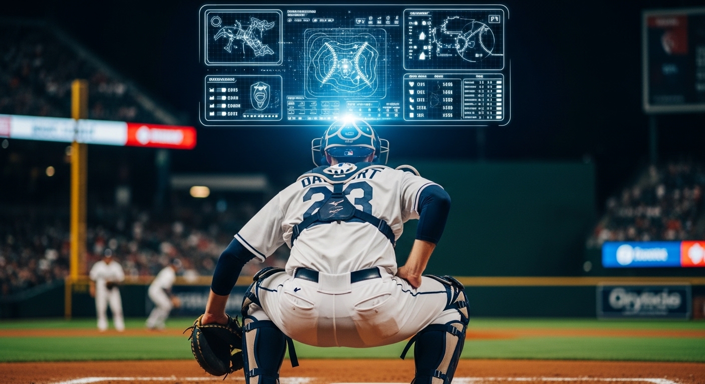 투수에게 사인을 보내는 포수 위에 홀로그램으로 표시된 AI 분석 데이터와 전략.