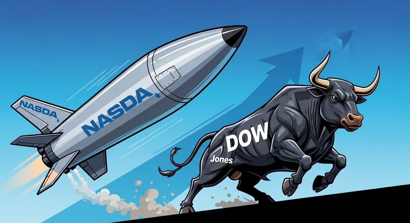 나스닥을 상징하는 로켓(성장주)이 아래로 처지고, 다우존스를 상징하는 묵직한 황소(가치주)가 위로 뛰어오르는 일러스트. 포트폴리오 전환 시점을 시각화함