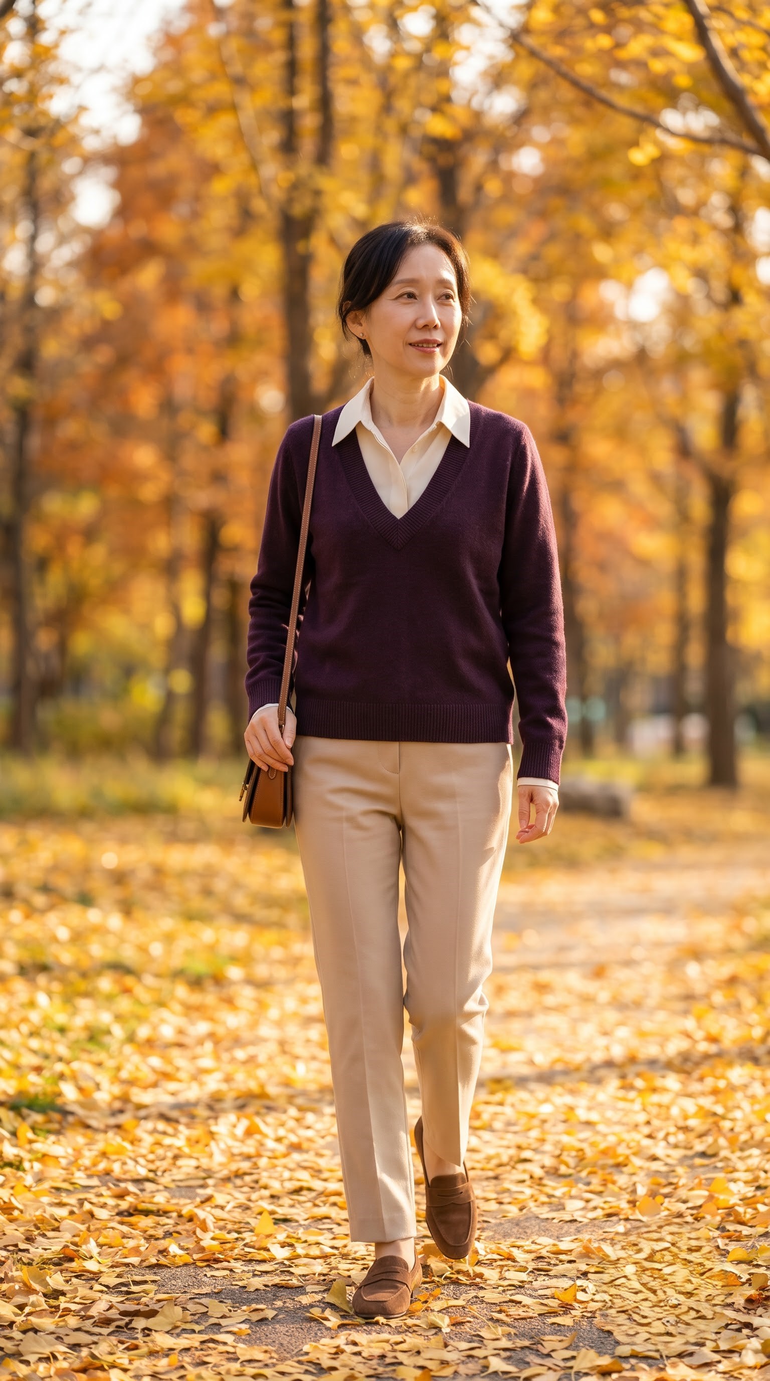 A stylish Korean woman in her late 40s walking along a golden autumn park path, wearing an aubergine deep V-neck knit sweater over an ivory shirt and beige trousers, brown suede loafers, warm natural sunlight, soft smile, editorial lifestyle photography, shallow depth of field