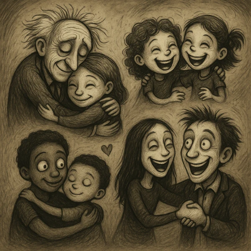 팀 버튼 스타일 일러스트, 다양한 연령대의 사람들이 서로 포옹하거나 함께 웃으며 따뜻한 교감을 나누는 네 컷 구성