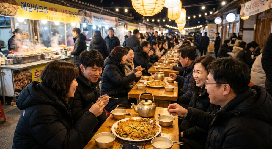 외암마을 저잣거리에서 파전과 막걸리를 즐기는 사람들