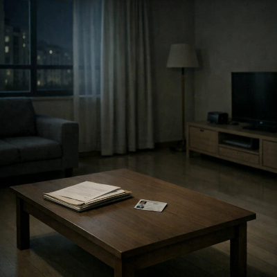 밤의 조용한 한국 아파트 거실, 창가의 은은한 불빛 아래 작은 테이블 위에 서류와 신분증이 정돈되어 놓인 차분하고 절제된 분위기