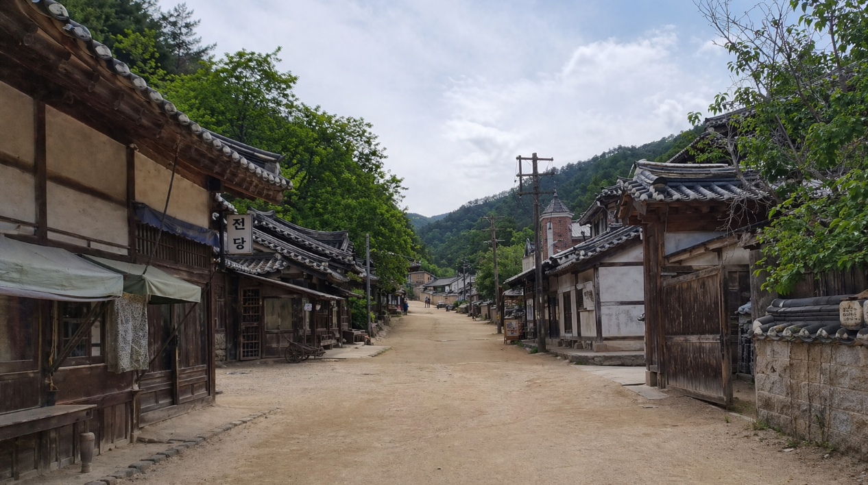 문경 가은오픈세트장의 옛 거리 풍경과 건물, 조용한 세트장 분위기가 보이는 모습