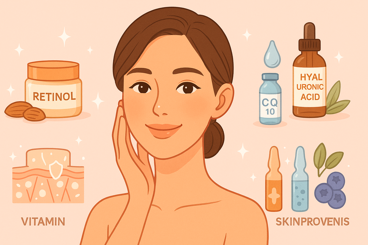 동안 피부 비결 (레티놀, 비타민C, 히알루론산) 이미지