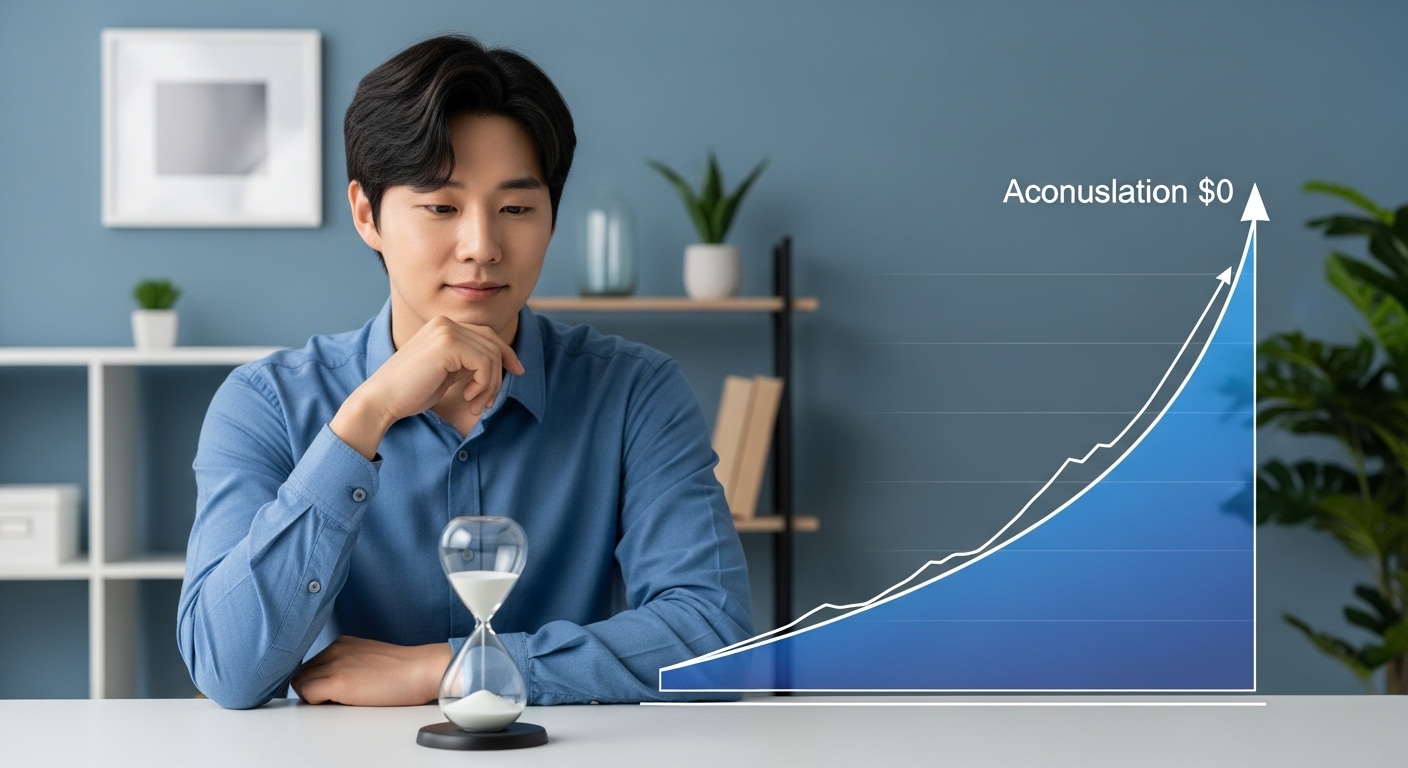 시간이 흐르면서 복리 효과로 자산이 기하급수적으로 증가하는 모습을 응시하는 20대 한국인, 장기 투자의 중요성을 시각적으로 표현