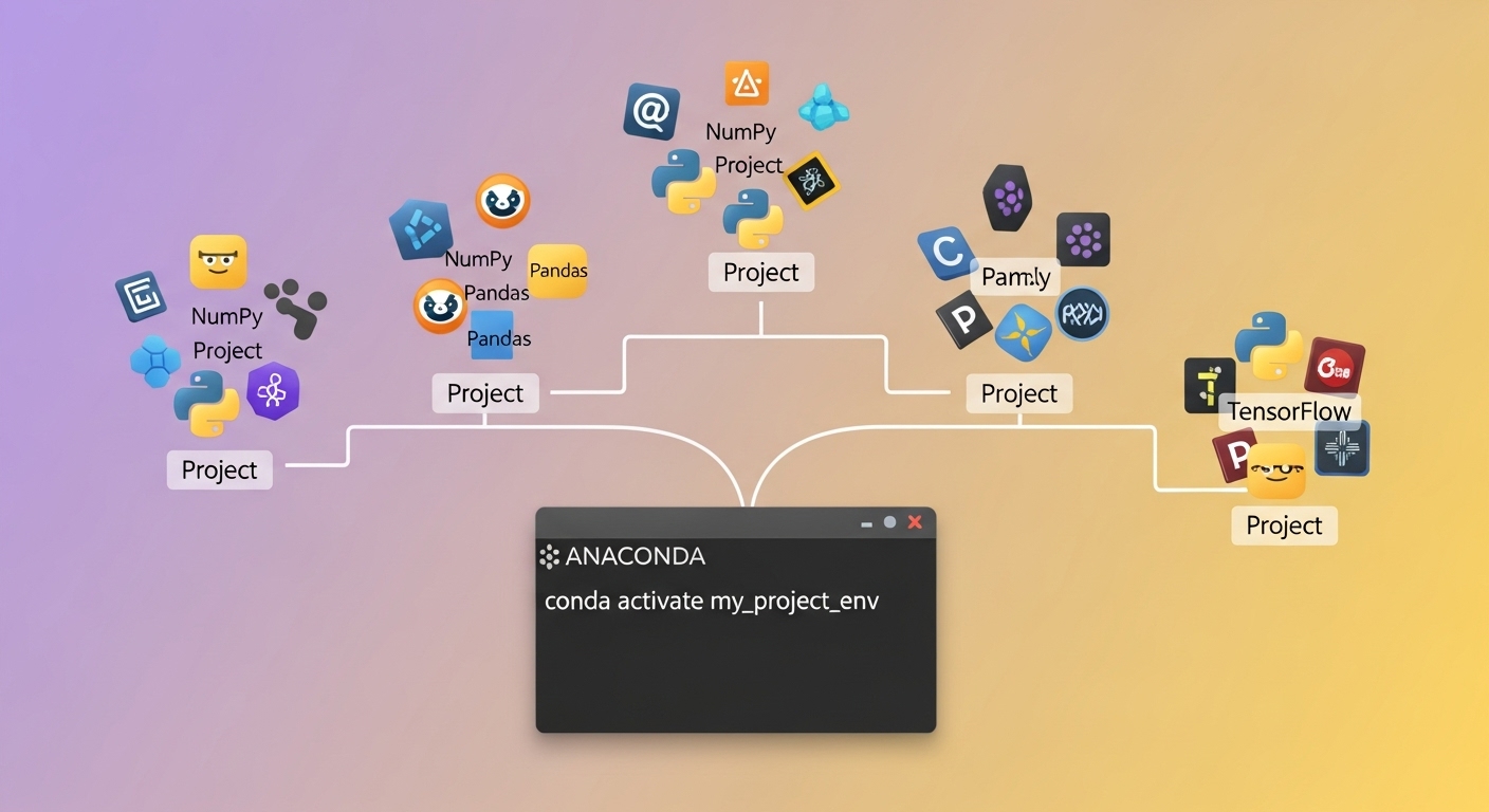 아나콘다 가상 환경의 시각적 표현. 터미널에서 Conda 환경을 활성화하는 모습과, 각 프로젝트를 위한 독립적인 파이썬 환경이 아이콘으로 표현되어 있습니다.