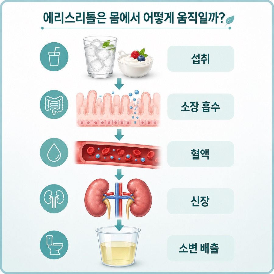 에리스리톨이 소장에서 흡수된 뒤 혈액을 거쳐 신장과 소변으로 배출되는 과정