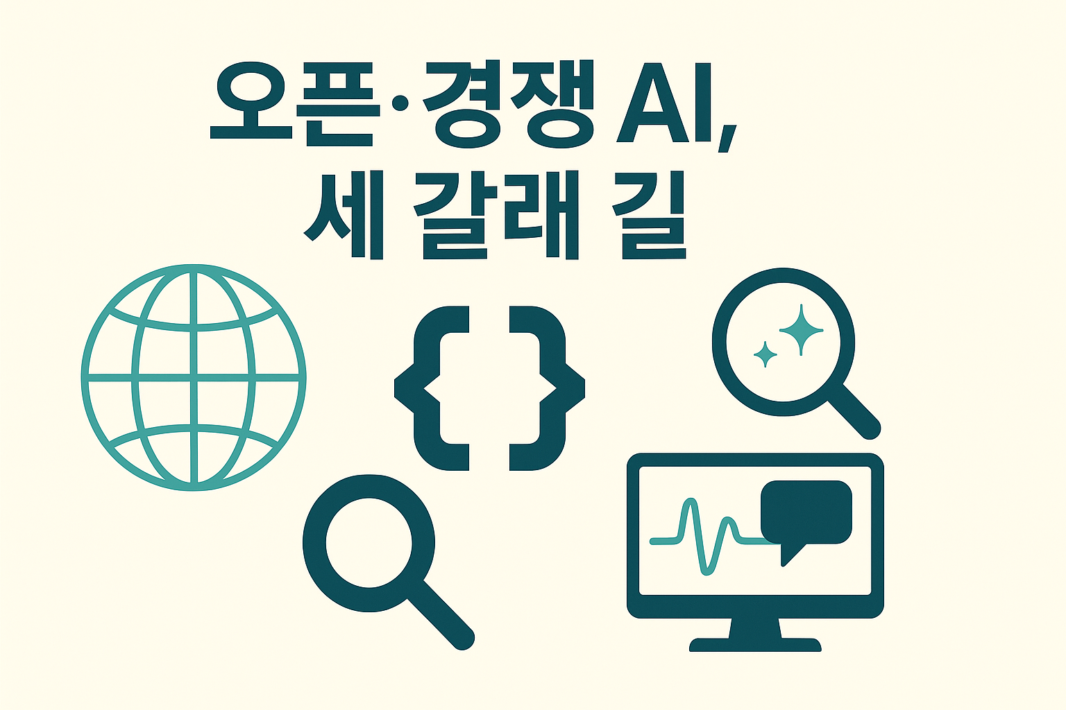 스위스의 오픈소스 AI, 애플의 AI 검색, 삼성의 Vision AI Companion 등 글로벌 경쟁 구도를 표현한 대표 이미지. 지구와 회로 아이콘은 기술의 개방성과 연결성을 강조합니다.