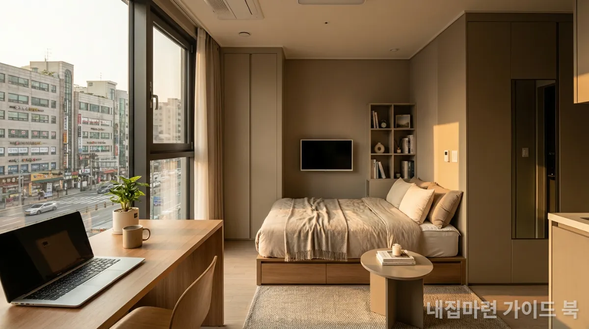 깔끔하고 기능적인 디자인의 한국 오피스텔 내부, 업무 공간과 주거 공간이 결합된 모습