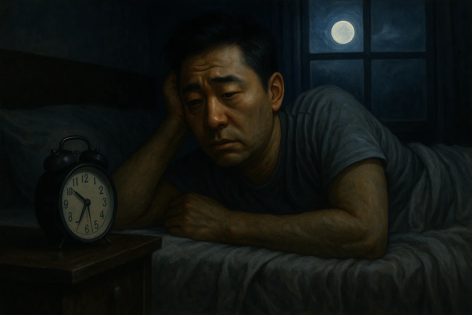 침대에서 뒤척이며 시계를 바라보는 사람, 창밖에는 달이 떠 있고 시간이 새벽으로 흐르는 모습