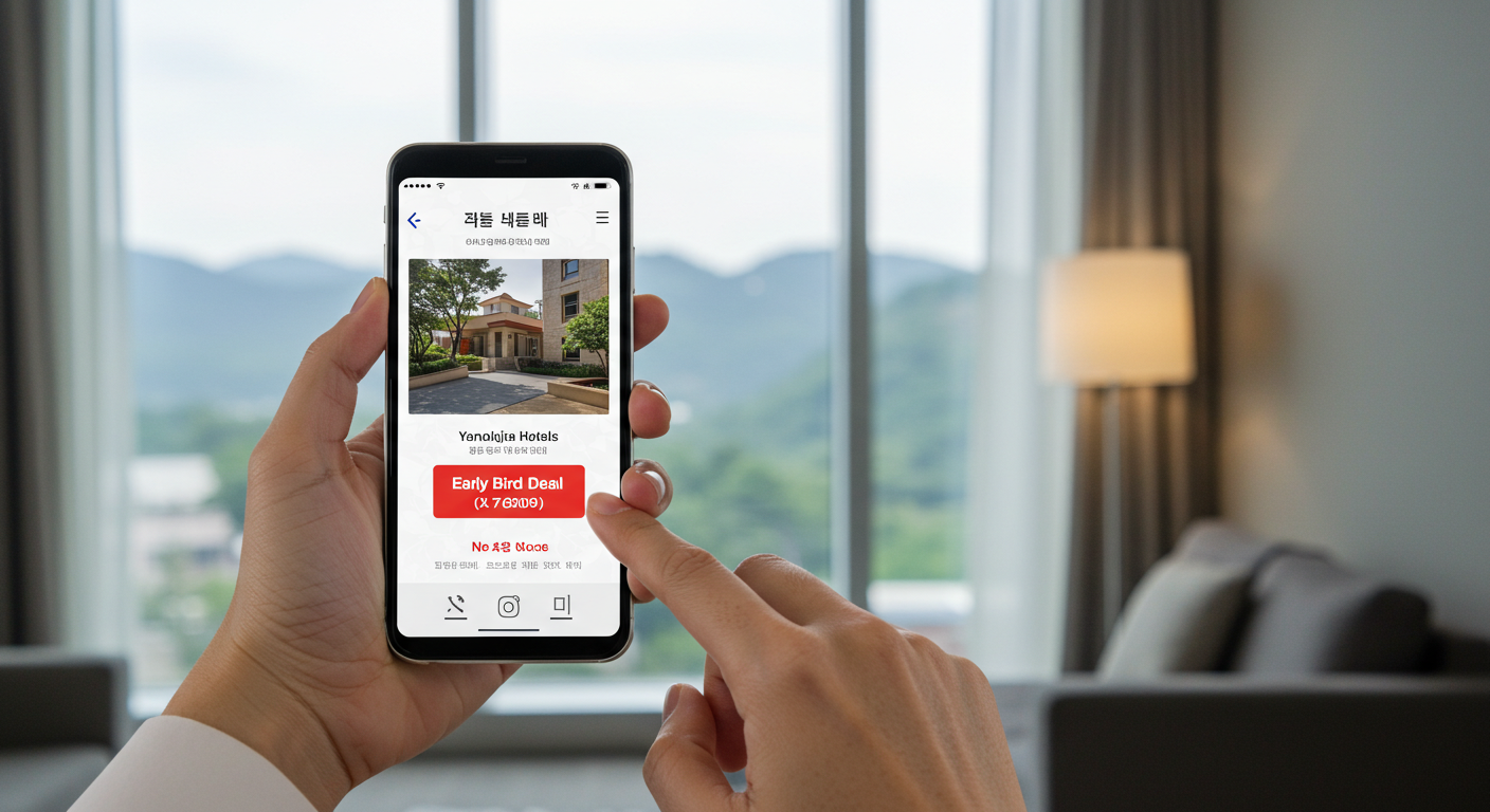 숙박 앱으로 강원도 호텔 특가를 확인하는 한국인 손.
