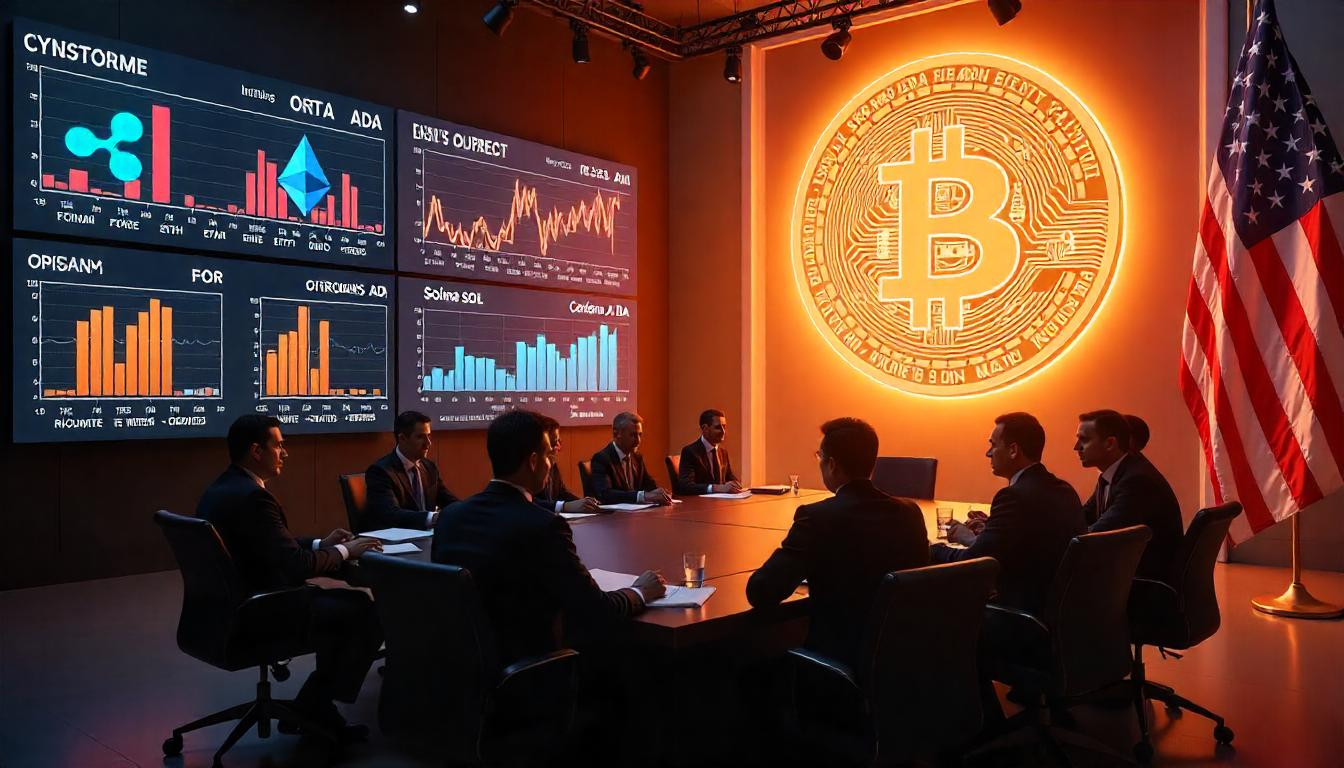 가상자산 비축 전략을 논의하는 금융 회의 장면