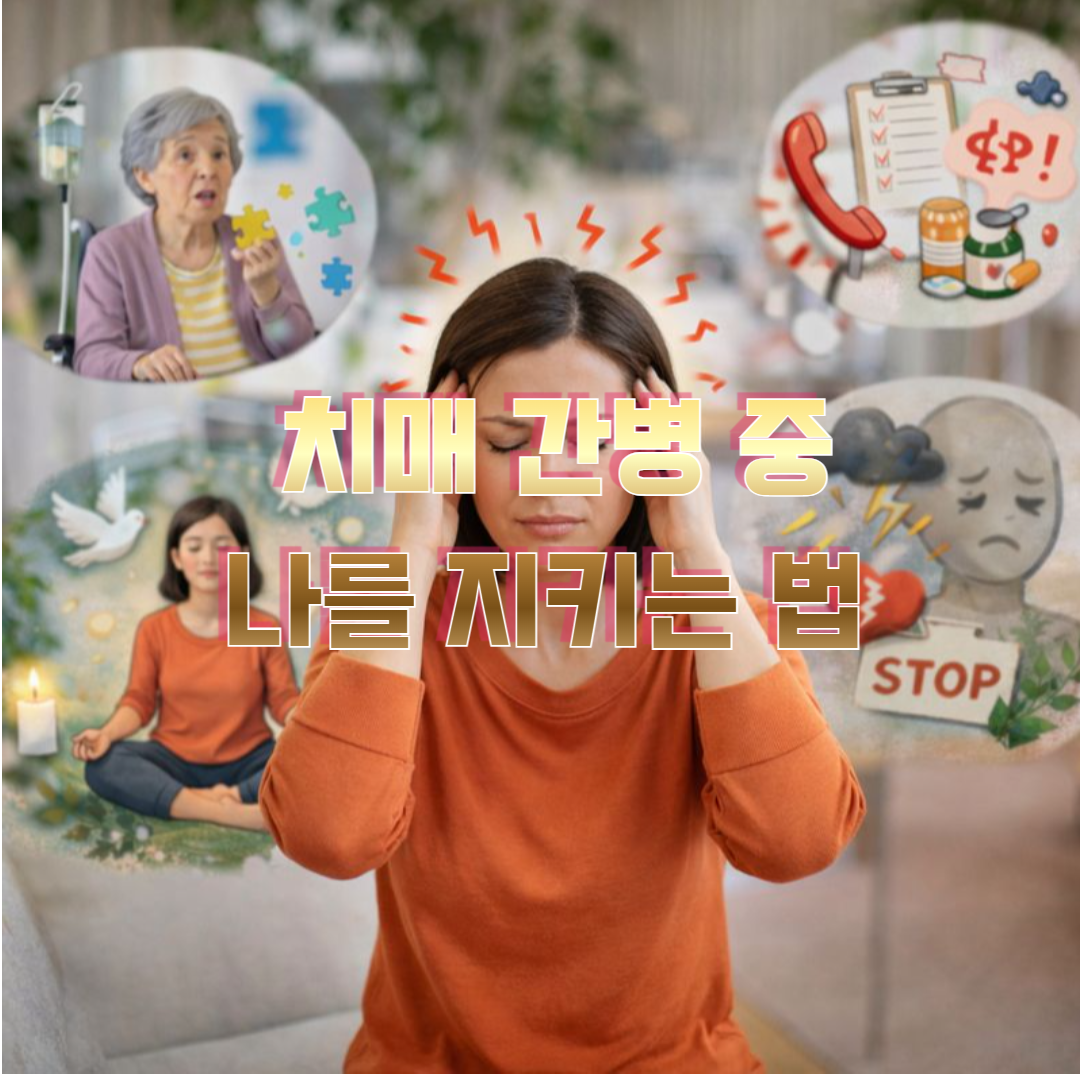 치매 환자를 돌보며 스트레스를 받는 간병인과 주변의 심리적, 신체적 부담을 상징적으로 표현한 일러스트