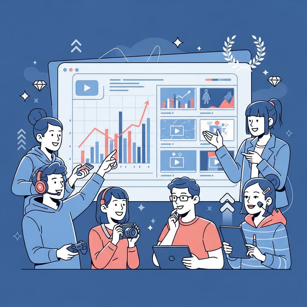 다양한 장르의 유튜버들이 유튜브 분석 그래프와 콘텐츠를 보며 채널 성장을 전략적으로 논의하는 모습.