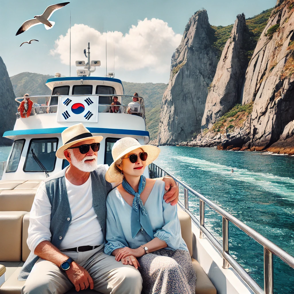 해금강 유람선 투어를 하고 있는 부부 사진