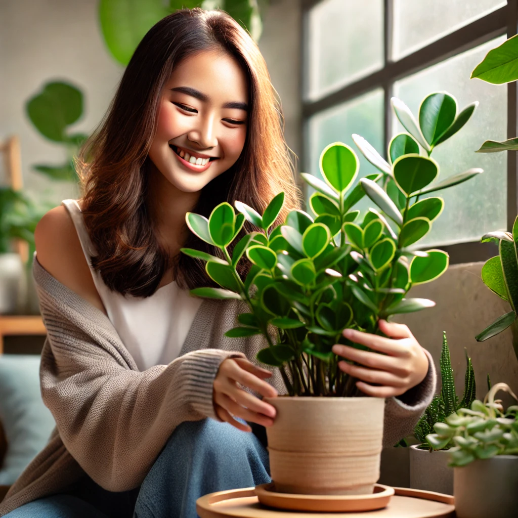 클루시아가 심어져 있는 화분을 보며 여성이 흐뭇해 하고 있다.