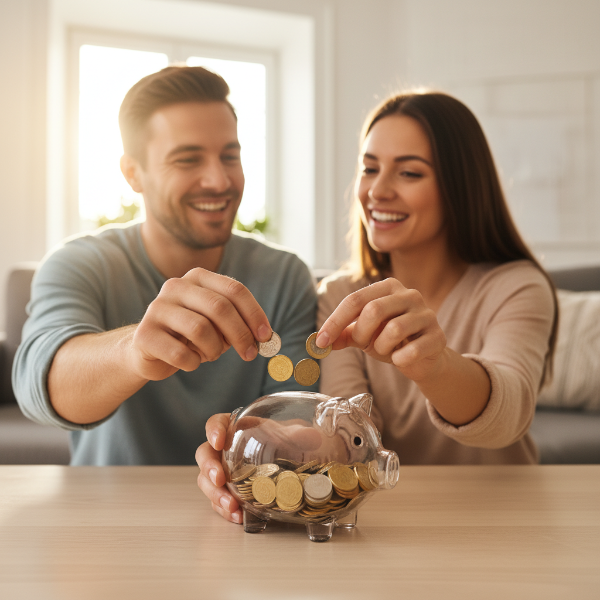 함께 저축하며 미래를 계획하는 행복한 커플.