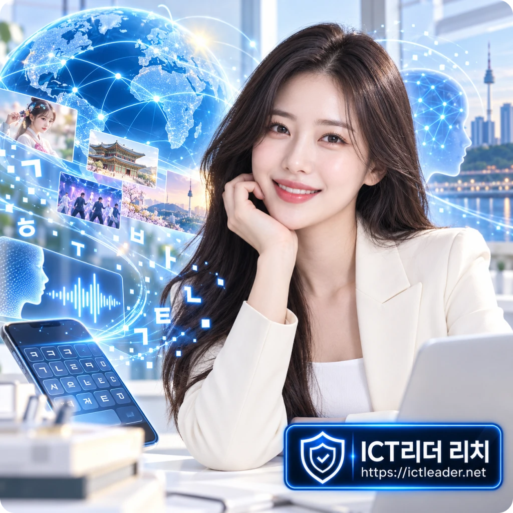 AI 언어기술과 글로벌 네트워크를 배경으로 한글 디지털 세계화를 표현한 여성 전문가 대표 이미지