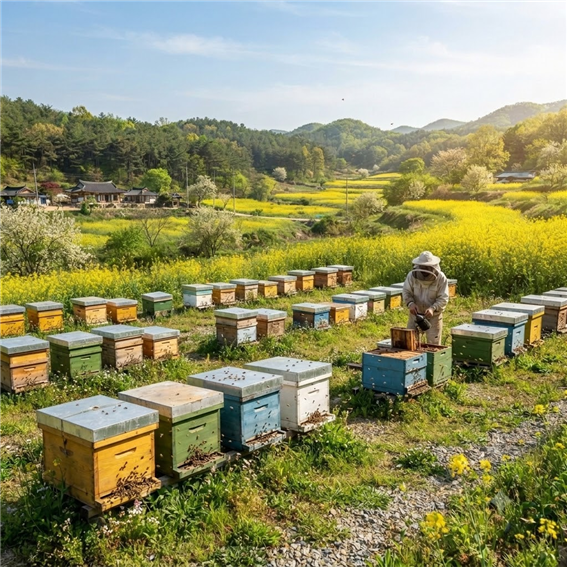 2025년 봄 기준 운영 중인 양봉장 전경. 부지 선정 이후 매년 밀원 환경과 일조량을 기록하며 관리하고 있다.