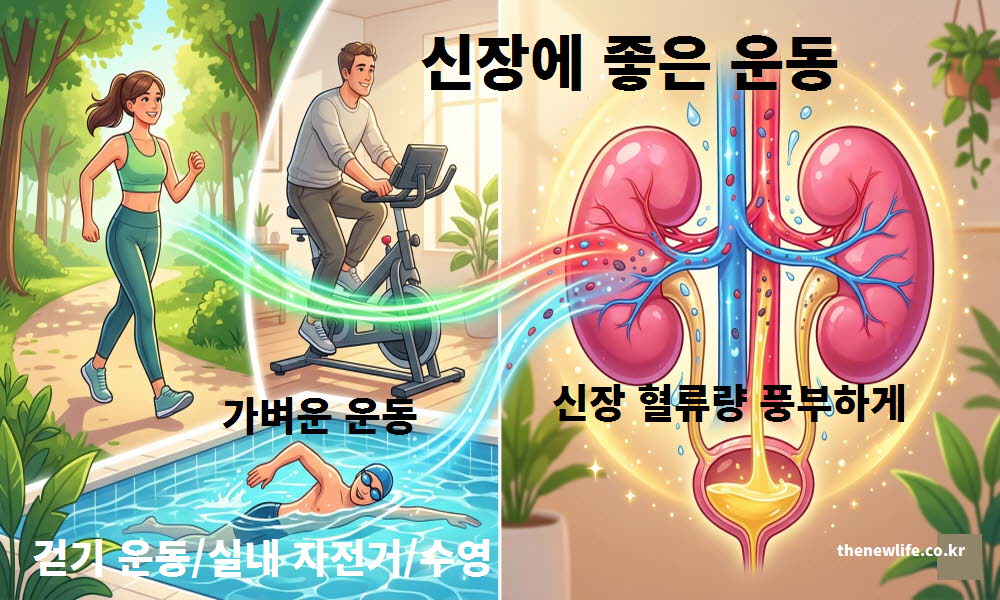 신장에 좋은 음식과 함께 하는 운동을 설명하는 이미지