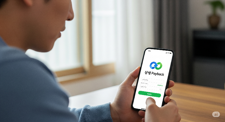 상생페이백 로고와 스마트폰으로 신청하는 남성의 모습