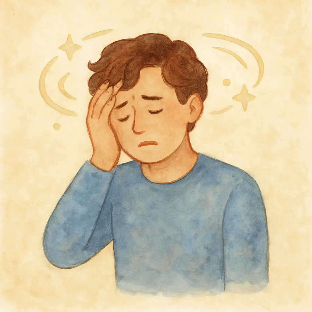 어지럼증으로 머리를 잡고 있는 사람의 수채화 일러스트, 이석증 대표 이미지