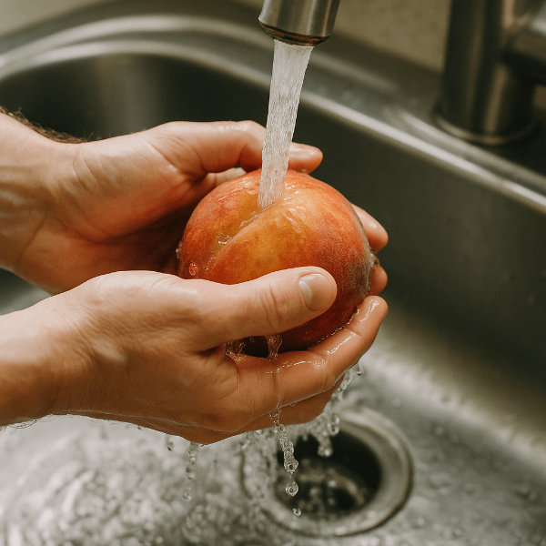 싱크대에서 물로 세척하고있는 복숭아