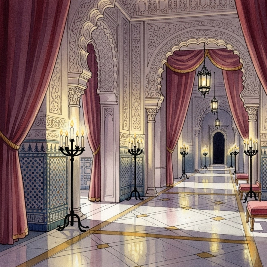 촛불이 켜진 화려하고 신비로운 스페인 궁전 내부