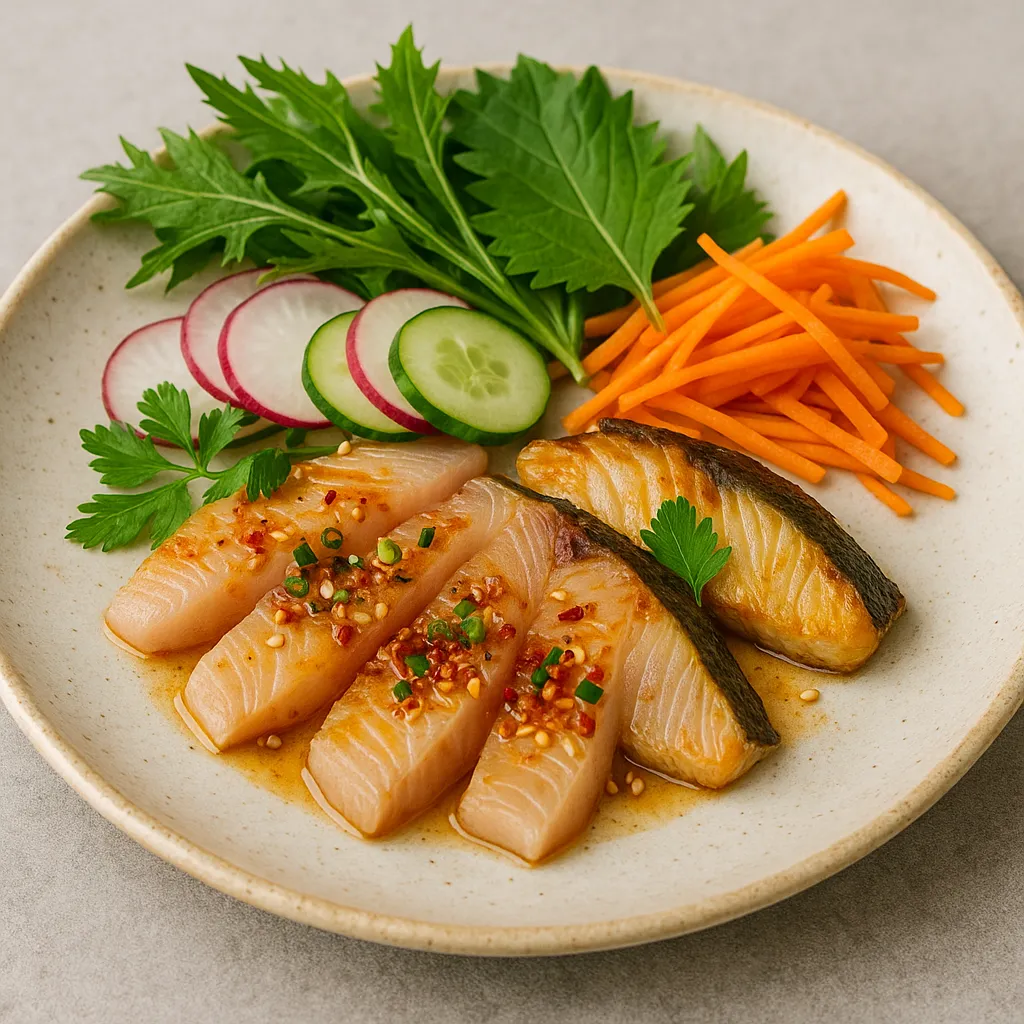 부시리 회와 채소가 조화롭게 담긴 한 접시