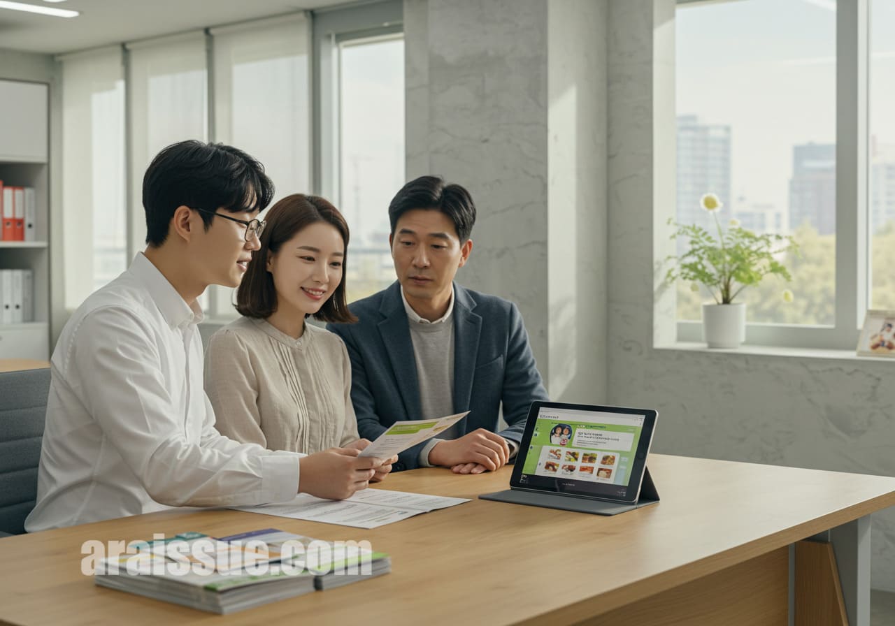 한국 부부가 공공기관 사무실에서 식생활 복지 제도에 대한 설명을 듣고 있습니다.
책상 위에는 안내 팸플릿과 태블릿이 놓여 있습니다.