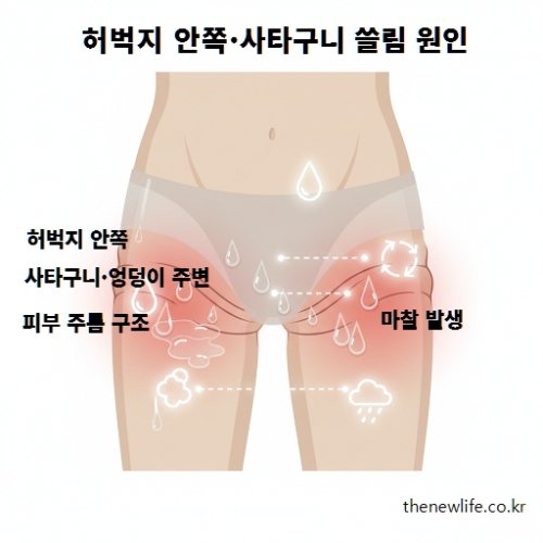 허벅지 안쪽과 사타구니 쓸림 원인을 부위별 피부 구조와 마찰 발생 위치로 설명하는 이미지