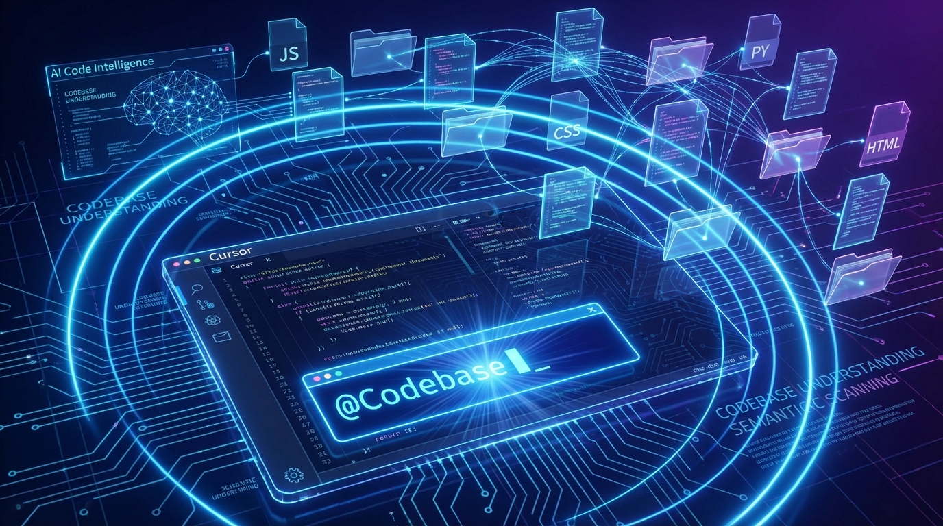 Cursor 에디터 화면에서 ‘@Codebase’ 명령어 프롬프트 창이 열려 있고, 그 뒤로 수많은 파일 폴더들이 AI의 스캔 레이더 망에 얽혀서 연결되는 모습을 표현한 일러스트