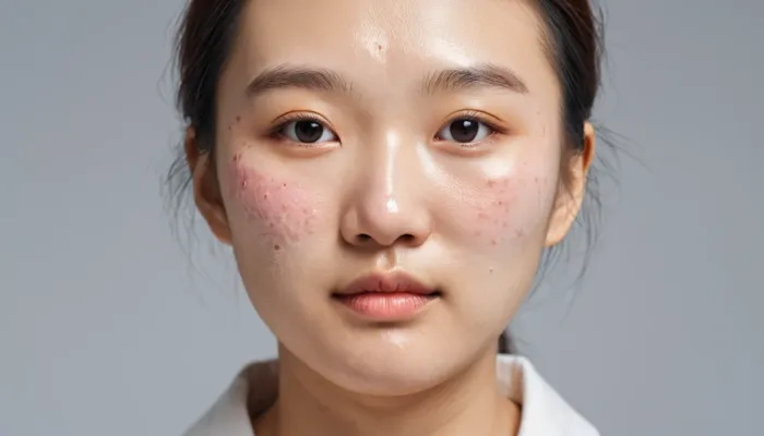 메이크업 위에 여드름 패치를 붙이고 자신감 있는 여성의 모습