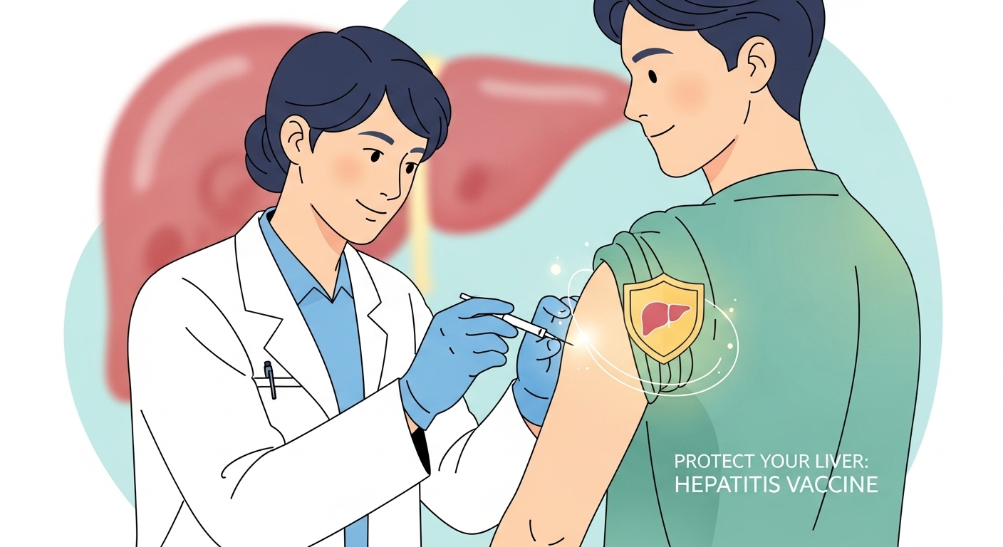 의료 전문가가 환자에게 백신을 접종하는 모습. B형 간염 예방 접종을 통한 간 건강 보호의 중요성을 나타냅니다.