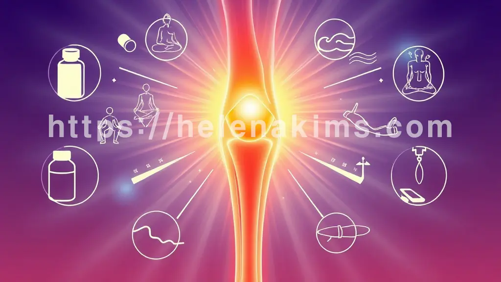 밝고 희망찬 배경 중앙에 건강하게 빛나는 인체 관절(무릎 또는 손 관절)의 실루엣. 그 주변으로 약병, 비약물 치료(요가 자세 실루엣, 물결 문양), 수술적 치료(의료 도구)를 상징하는 아이콘들이 조화롭게 배치되어 있다