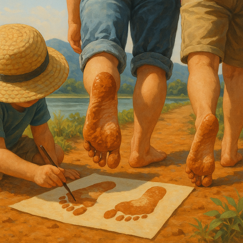 황토길을 맨발로 걸으며 발에 뭍은 황토를 도화지에 뭍히고 아이가 덧그림을 그리는 모습을 표현한 일러스트 (AI생성이미지)