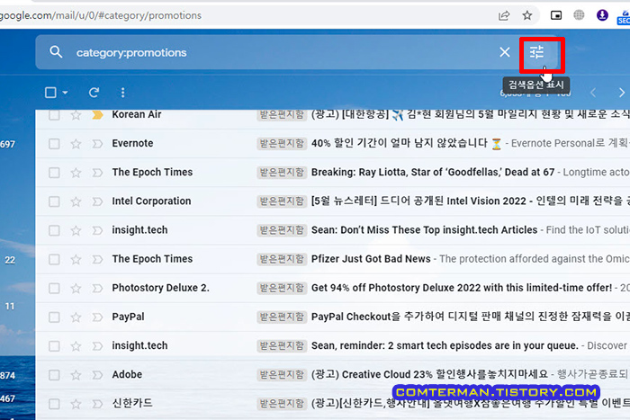 Gmail 검색 옵션 표시 버튼