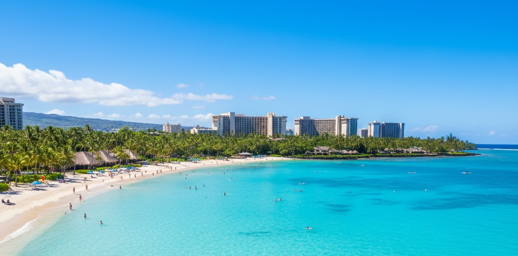 괌 투몬 해변의 맑은 바다와 리조트 풍경